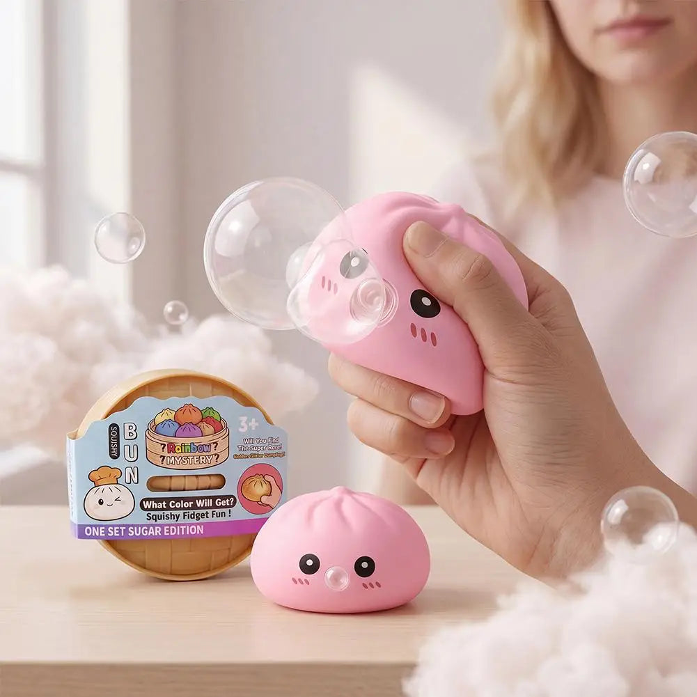 Dumpling Squishy Toy, Bubble Blowing Mystery Dumplings Squishy with Steamer Box, Pink Soft Flexible Bao Bun Squishzy for Stress
