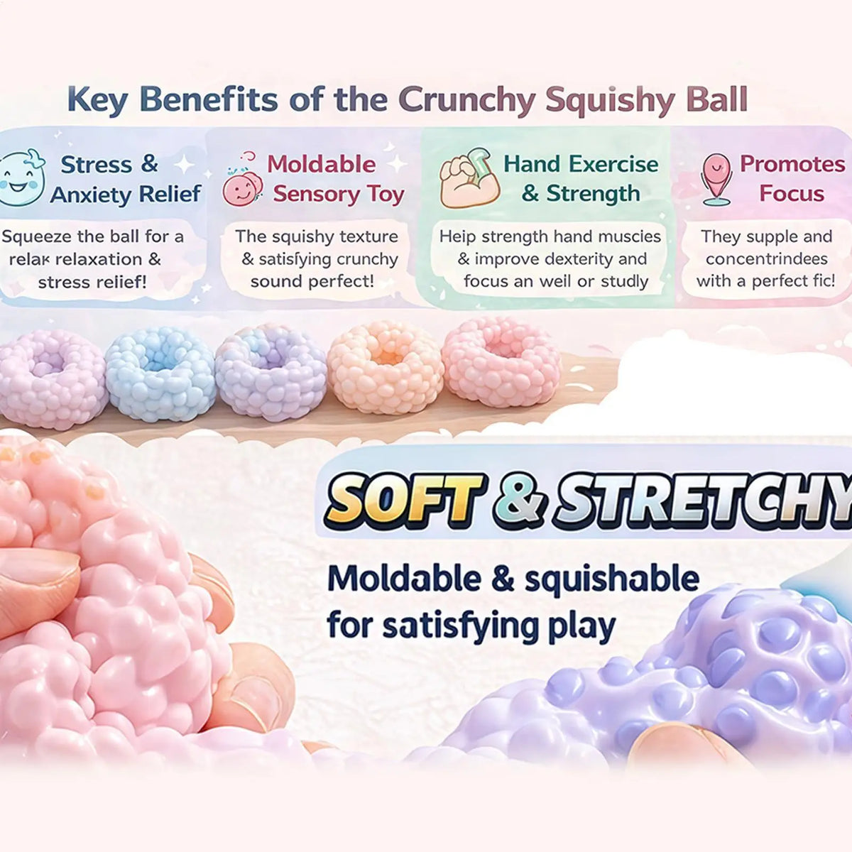 Crunchy Squishies Stress Ball Fidgets Toy Stress Anxiety Relief Balls Office Sand Filled Crunchy Balls Desk Squeeze Toys