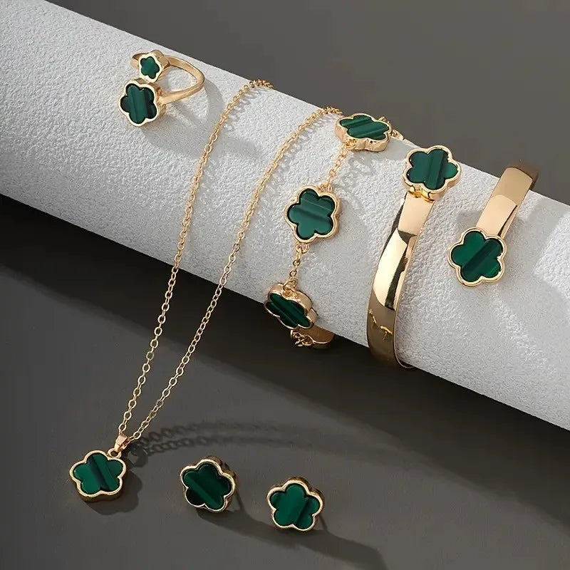 5pcs Lucky Five-petal Flower Women's Jewelry Set, Fashion Flower Bracelet + Necklace + Earrings + Bracelet + Ring, Birthday