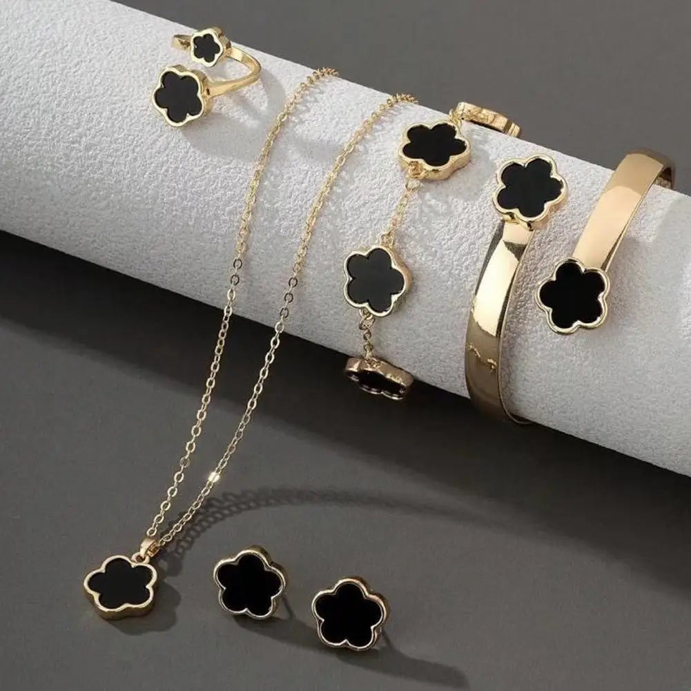 Lucky Five-petal Flower Clover Earrings Necklace Ring Bracelet Four-piece Set for Woman Fashionable Accessories Party Jewelry
