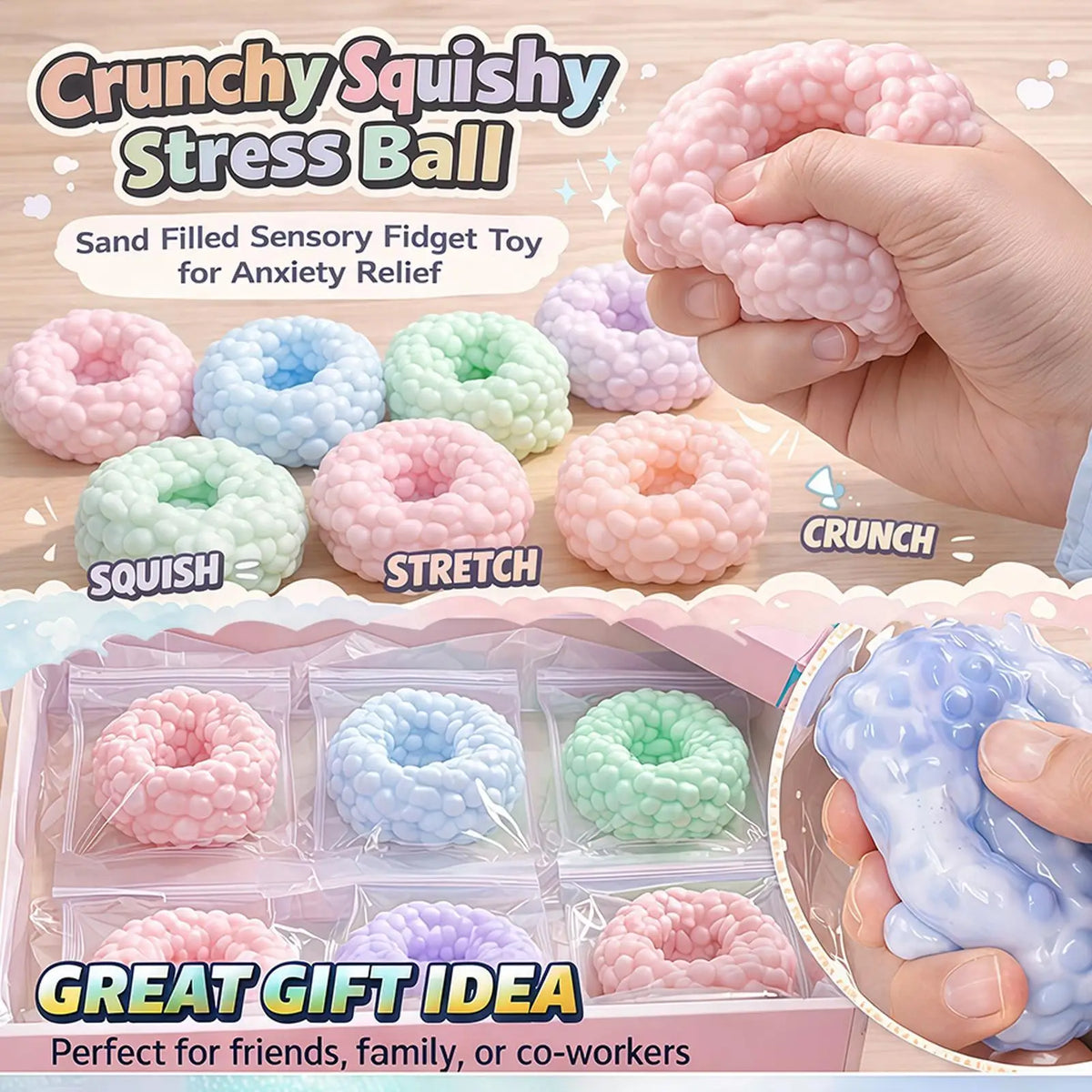 Crunchy Squishies Stress Ball Fidgets Toy Stress Anxiety Relief Balls Office Sand Filled Crunchy Balls Desk Squeeze Toys