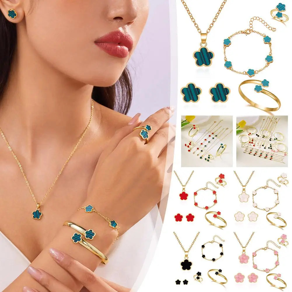 Lucky Five-petal Flower Clover Earrings Necklace Ring Bracelet Four-piece Set for Woman Fashionable Accessories Party Jewelry