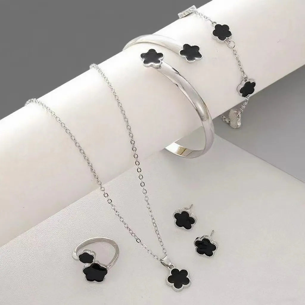 5pcs Lucky Five-petal Flower Women's Jewelry Set, Fashion Flower Bracelet + Necklace + Earrings + Bracelet + Ring, Birthday