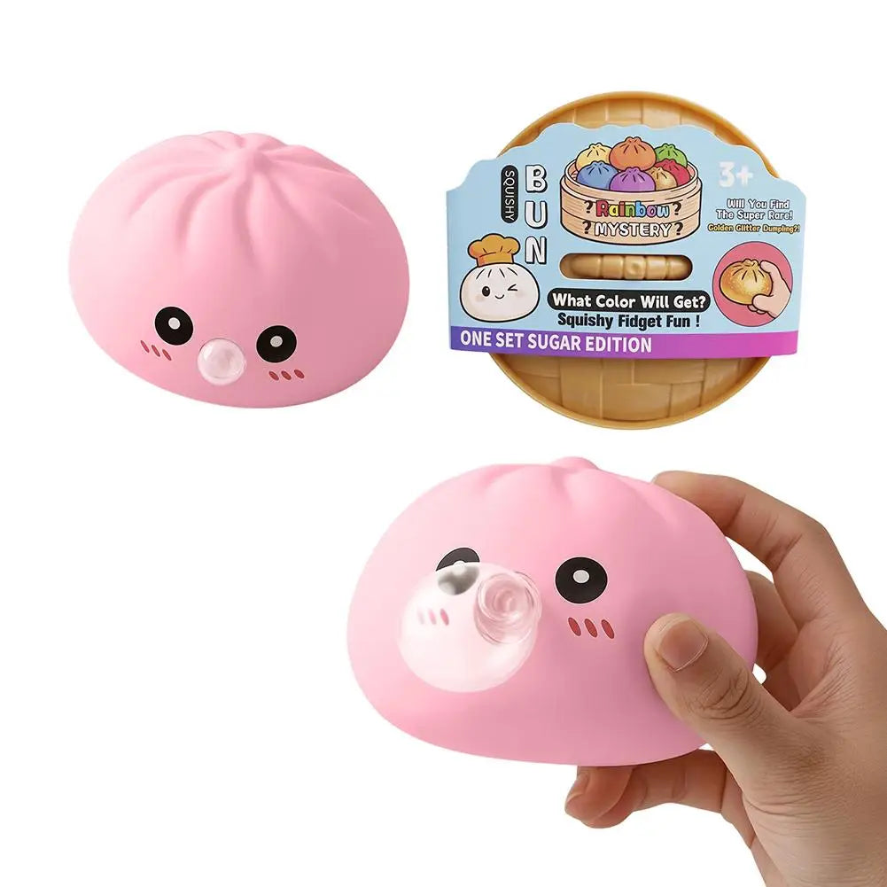 Dumpling Squishy Toy, Bubble Blowing Mystery Dumplings Squishy with Steamer Box, Pink Soft Flexible Bao Bun Squishzy for Stress