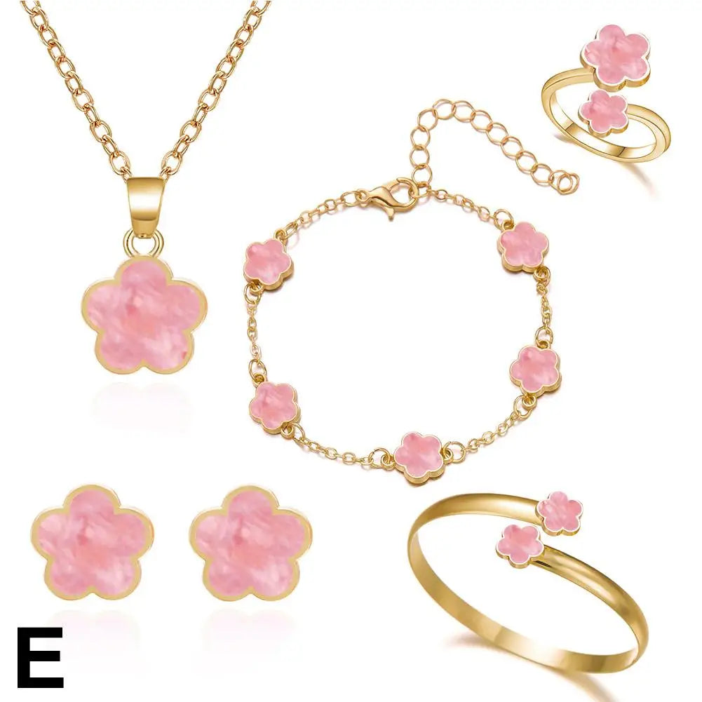 Lucky Five-petal Flower Clover Earrings Necklace Ring Bracelet Four-piece Set for Woman Fashionable Accessories Party Jewelry