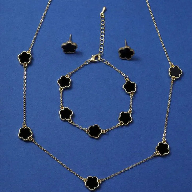 3pcs Lucky Five-petal Flower Five-leaf Clover Bracelet Earrings Necklace Set for woman Stylish Accessories Party Jewelry Set