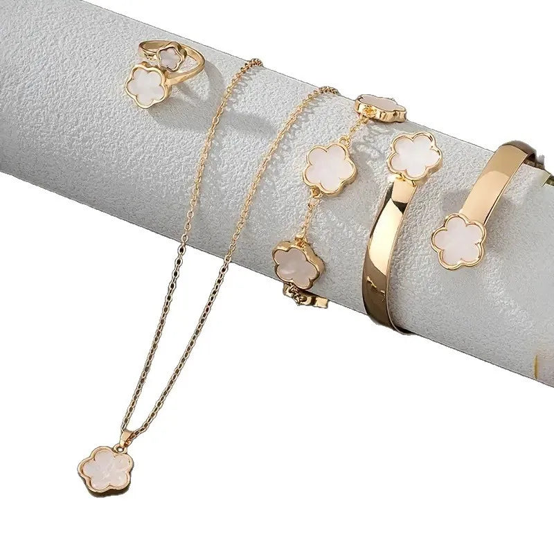 5pcs Lucky Five-petal Flower Women's Jewelry Set, Fashion Flower Bracelet + Necklace + Earrings + Bracelet + Ring, Birthday