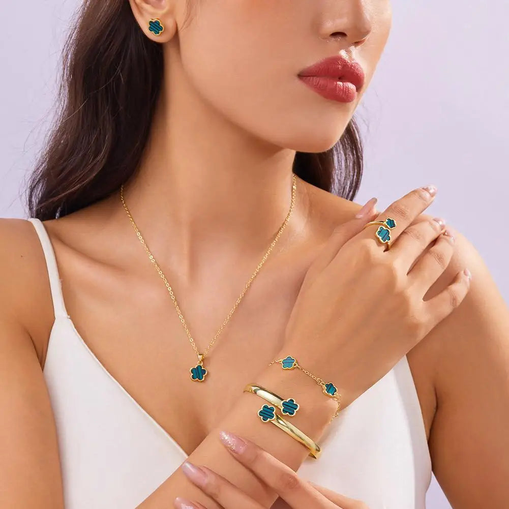 Lucky Five-petal Flower Clover Earrings Necklace Ring Bracelet Four-piece Set for Woman Fashionable Accessories Party Jewelry
