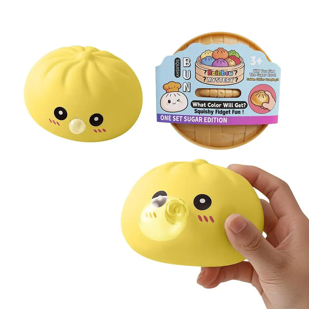 Dumpling Squishy Toy, Bubble Blowing Mystery Dumplings Squishy with Steamer Box, Pink Soft Flexible Bao Bun Squishzy for Stress