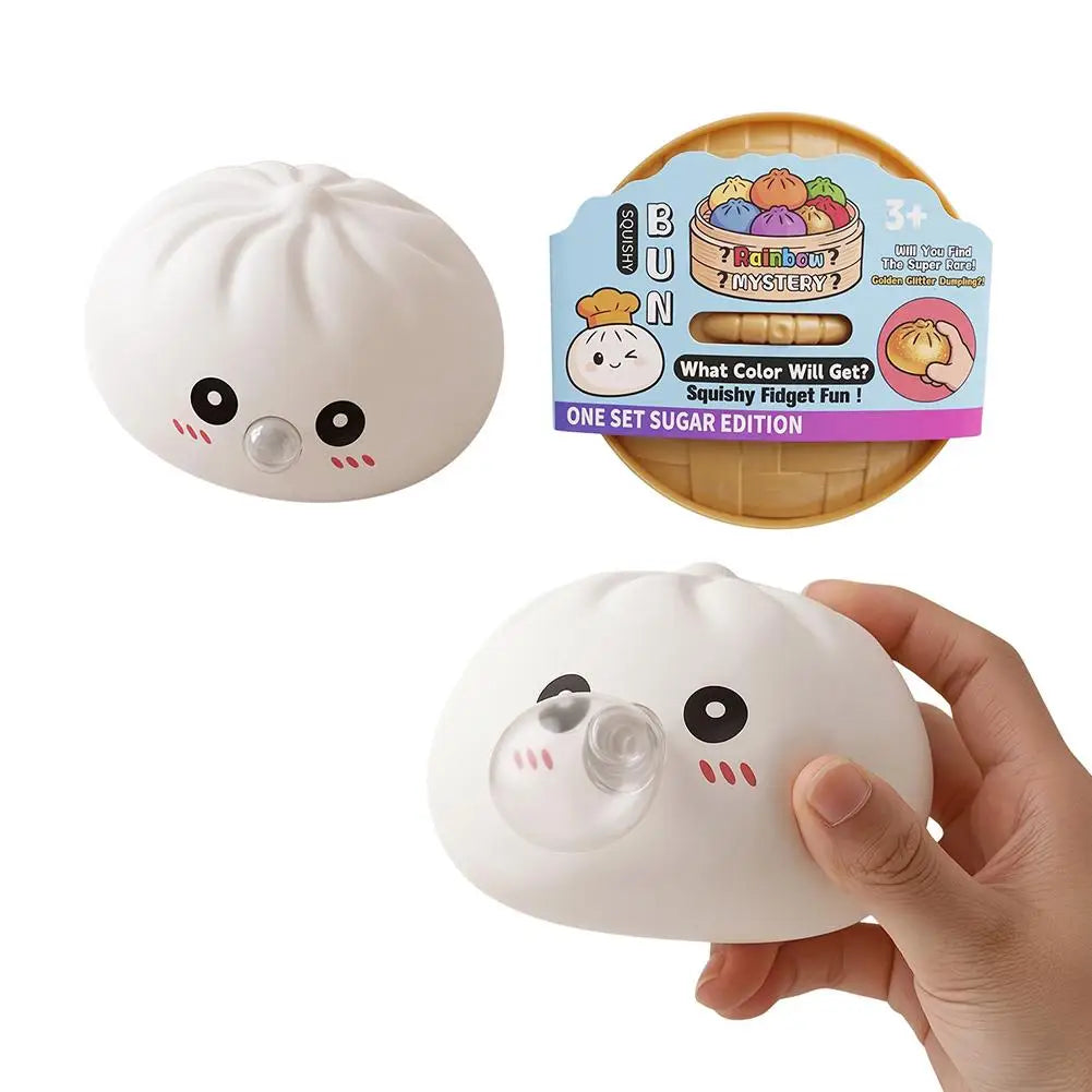 Dumpling Squishy Toy, Bubble Blowing Mystery Dumplings Squishy with Steamer Box, Pink Soft Flexible Bao Bun Squishzy for Stress