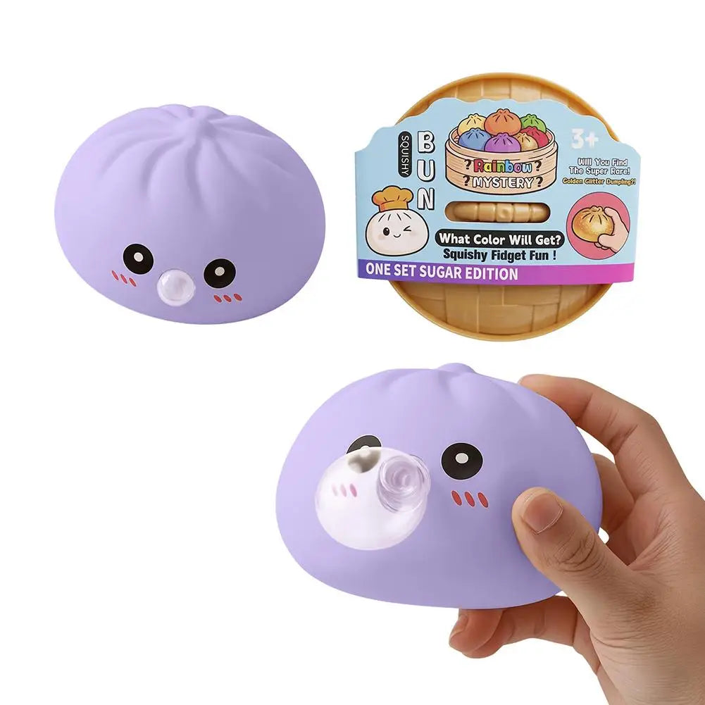 Dumpling Squishy Toy, Bubble Blowing Mystery Dumplings Squishy with Steamer Box, Pink Soft Flexible Bao Bun Squishzy for Stress