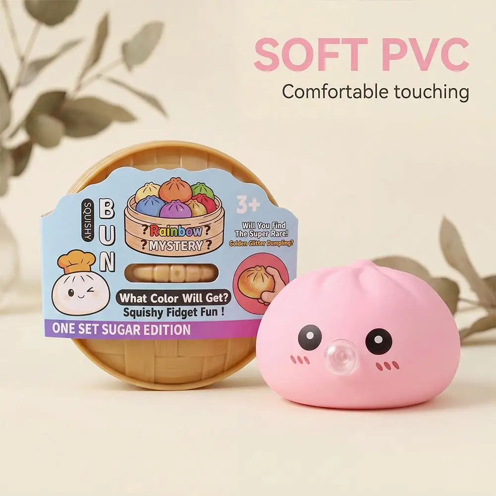Dumpling Squishy Toy, Bubble Blowing Mystery Dumplings Squishy with Steamer Box, Pink Soft Flexible Bao Bun Squishzy for Stress