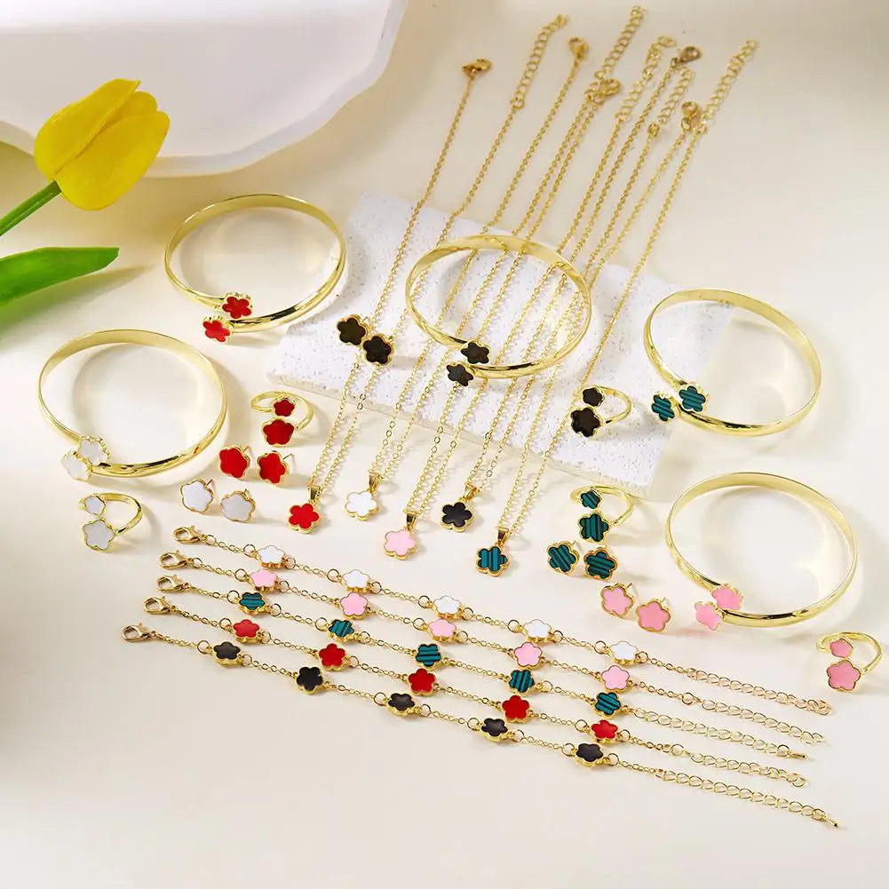 Lucky Five-petal Flower Clover Earrings Necklace Ring Bracelet Four-piece Set for Woman Fashionable Accessories Party Jewelry