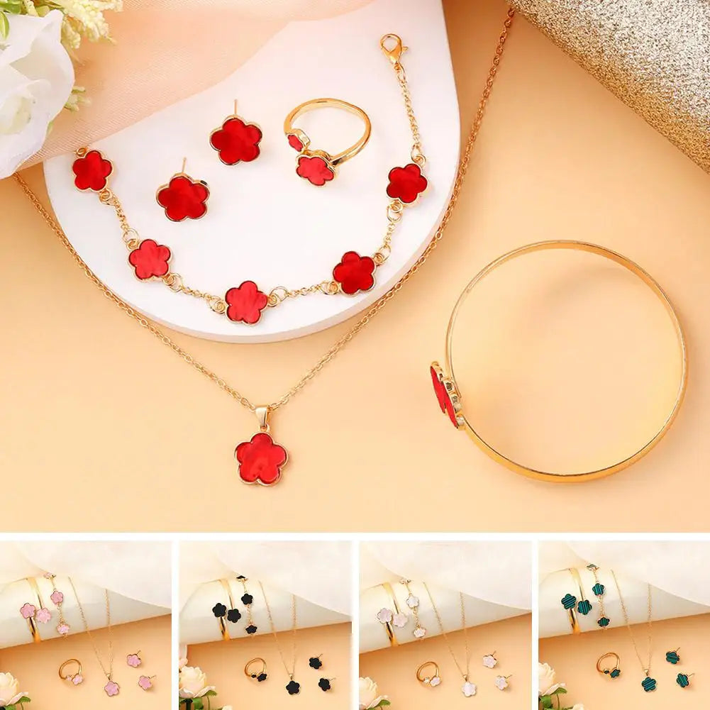 Lucky Five-petal Flower Clover Earrings Necklace Ring Bracelet Four-piece Set for Woman Fashionable Accessories Party Jewelry