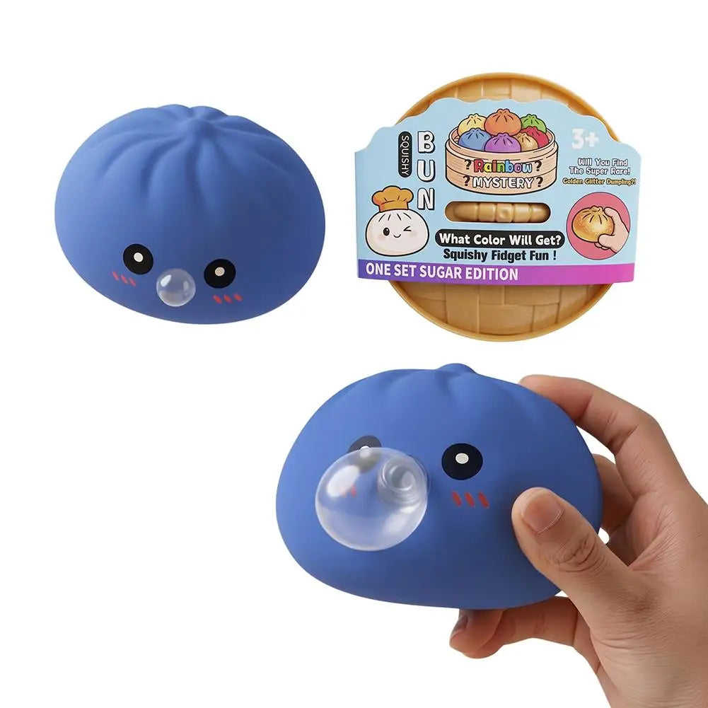 Dumpling Squishy Toy, Bubble Blowing Mystery Dumplings Squishy with Steamer Box, Pink Soft Flexible Bao Bun Squishzy for Stress