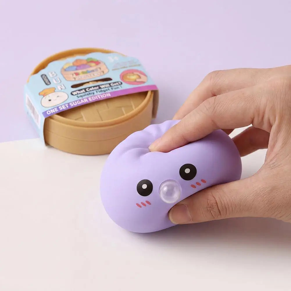 Dumpling Squishy Toy, Bubble Blowing Mystery Dumplings Squishy with Steamer Box, Pink Soft Flexible Bao Bun Squishzy for Stress