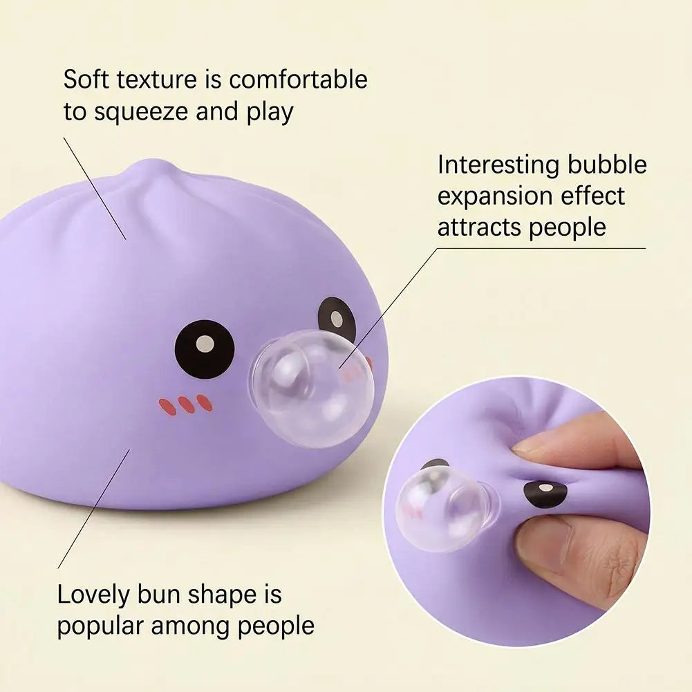 Dumpling Squishy Toy, Bubble Blowing Mystery Dumplings Squishy with Steamer Box, Pink Soft Flexible Bao Bun Squishzy for Stress