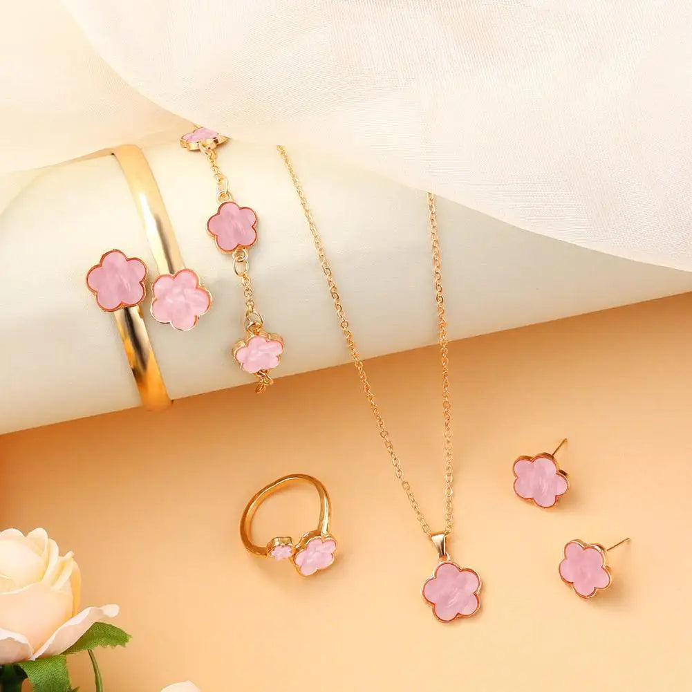 Lucky Five-petal Flower Clover Earrings Necklace Ring Bracelet Four-piece Set for Woman Fashionable Accessories Party Jewelry