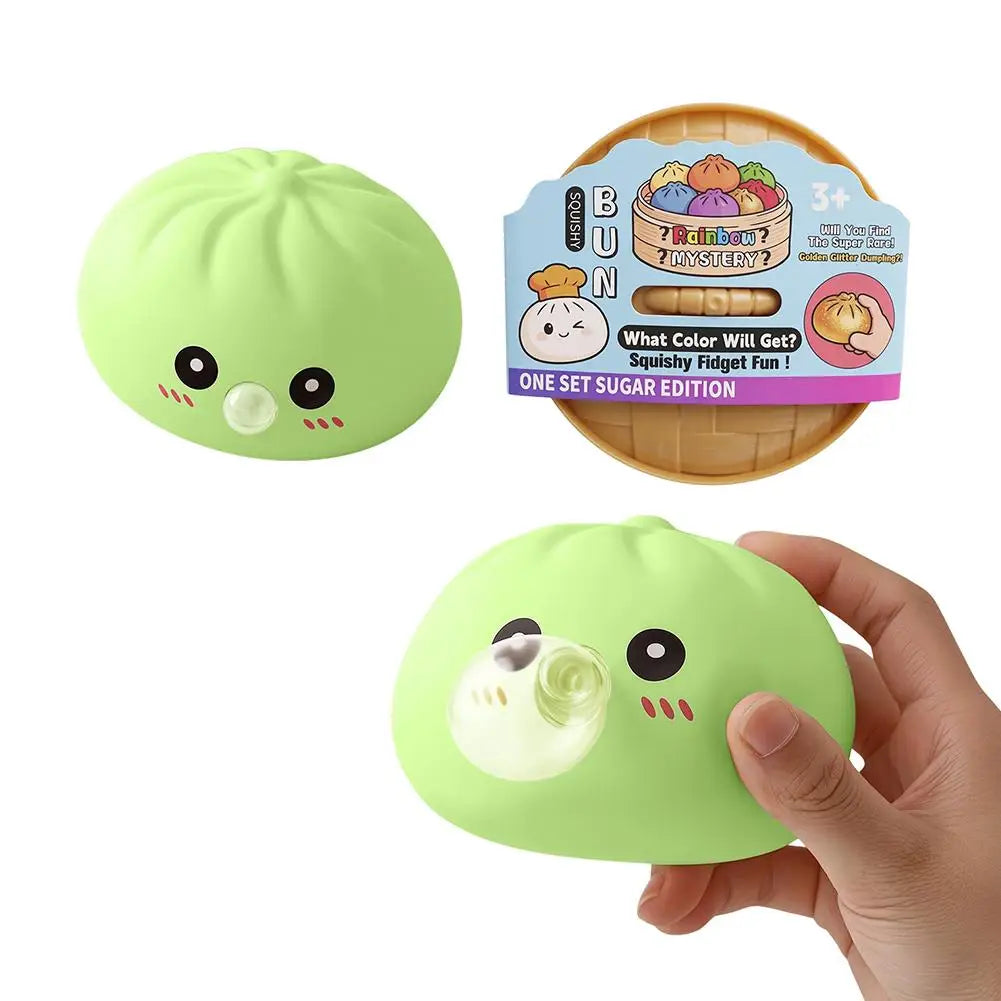 Dumpling Squishy Toy, Bubble Blowing Mystery Dumplings Squishy with Steamer Box, Pink Soft Flexible Bao Bun Squishzy for Stress