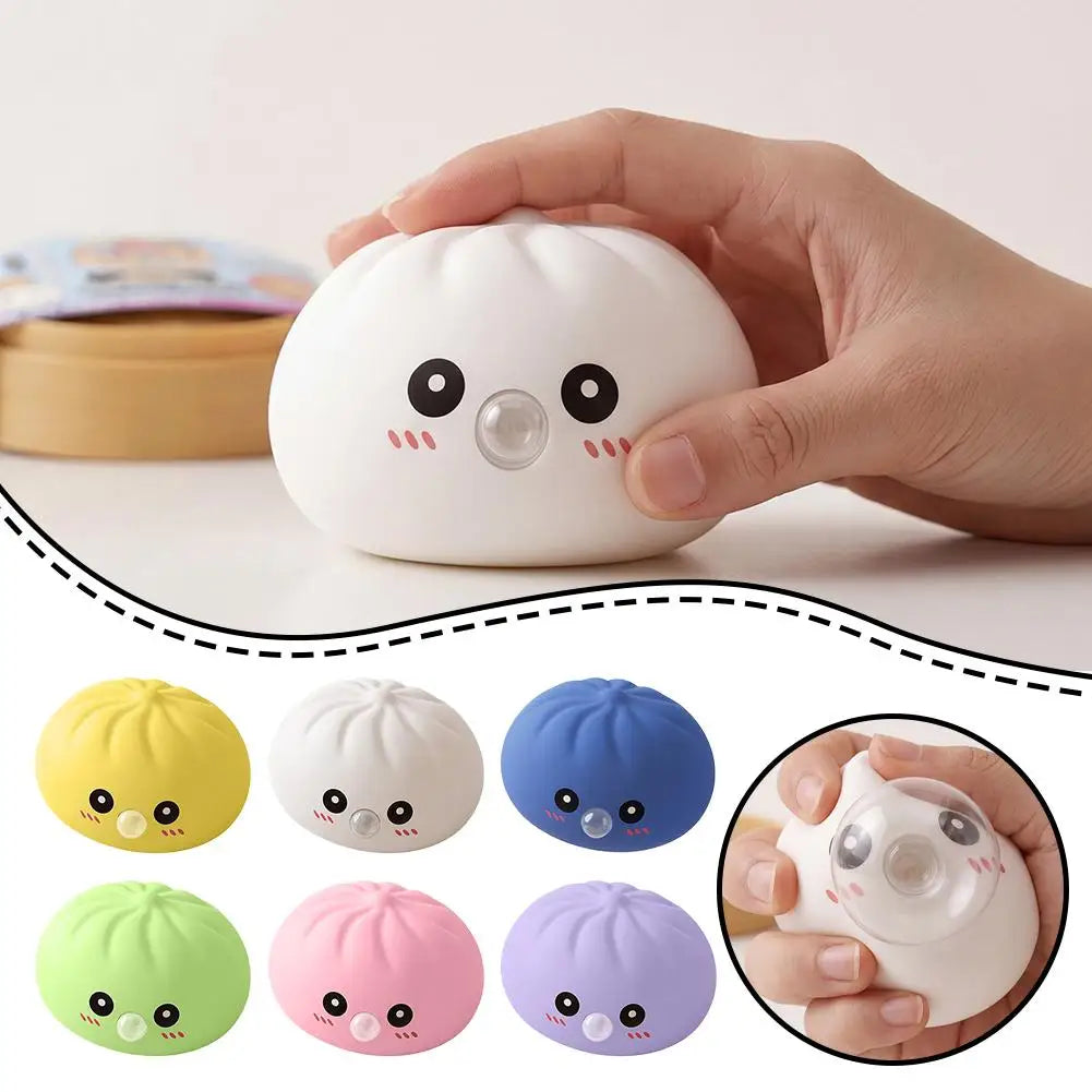 Dumpling Squishy Toy, Bubble Blowing Mystery Dumplings Squishy with Steamer Box, Pink Soft Flexible Bao Bun Squishzy for Stress